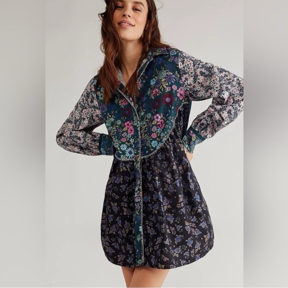Free People My Time Babydoll Floral Printed Vintage Shirt Dress Size XS